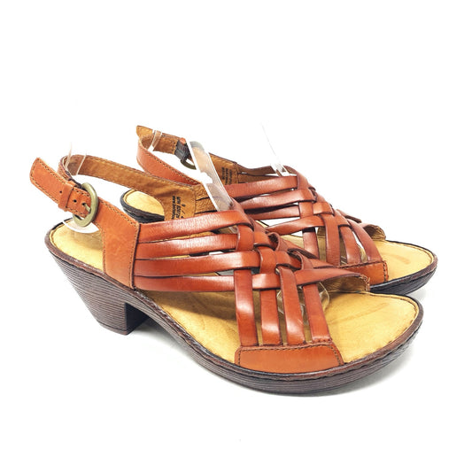 Born Valakas Size 9 Brown Leather Strappy Woven Sandals Slingback Mid Heel