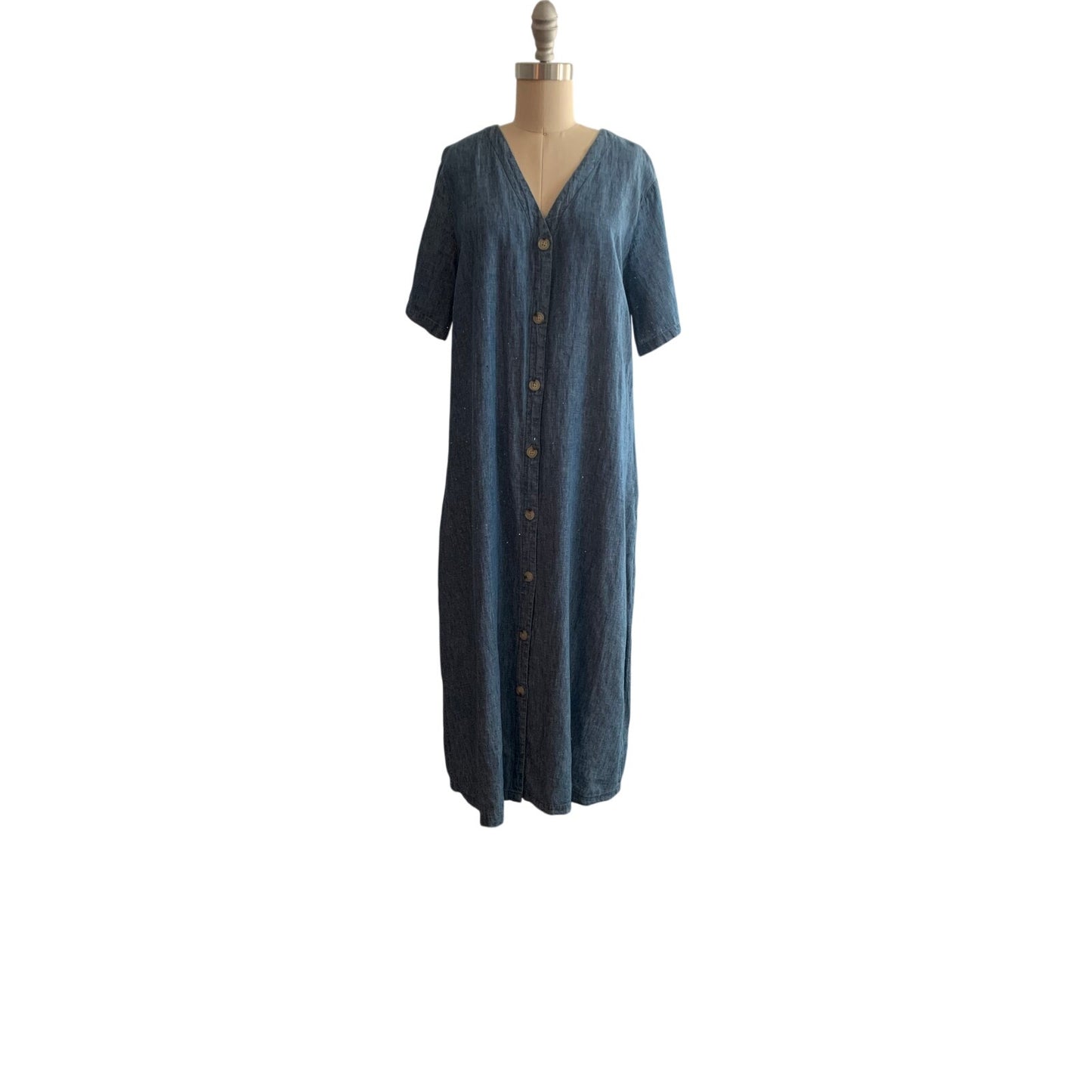 Liz Claiborne Size L Blue Chambray Linen Cotton Blend Maxi Dress Button Front V
