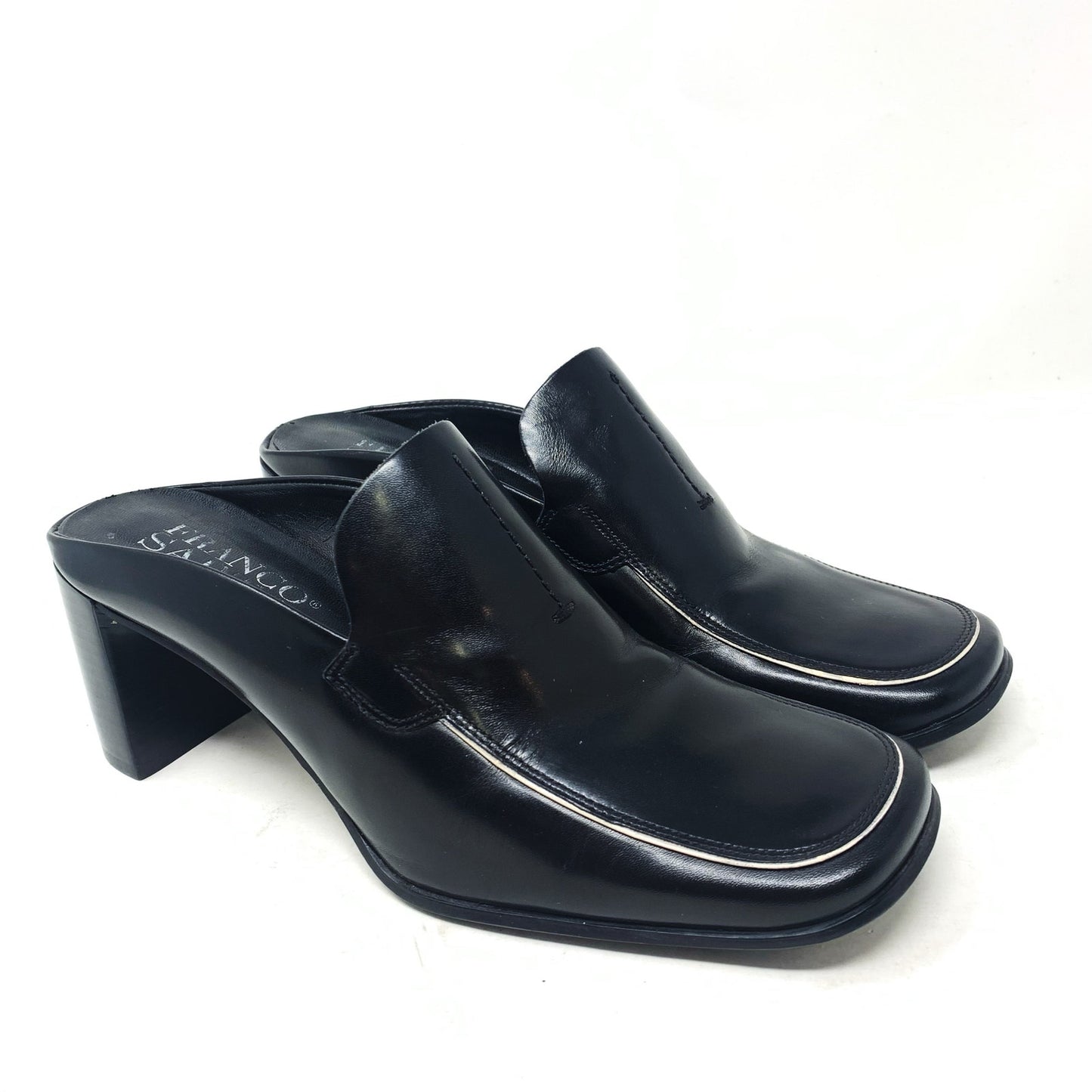 Franco Sarto Black Leather Square Toe Mules Block Heel White Piping Y2K Size 8.5