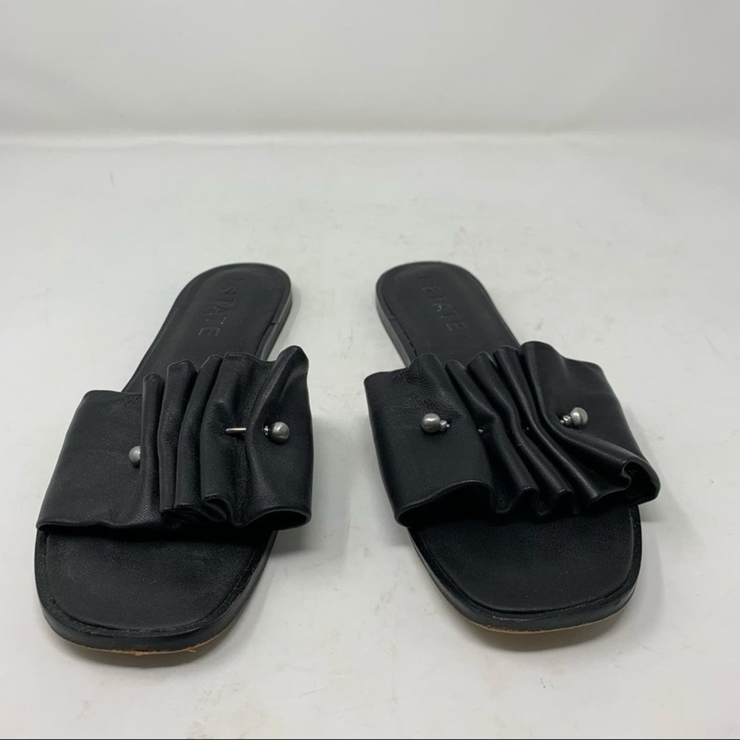 1. State Fann Sandal Black Leather Ruched Ruffled Open Toe Slide Sandal Size 9