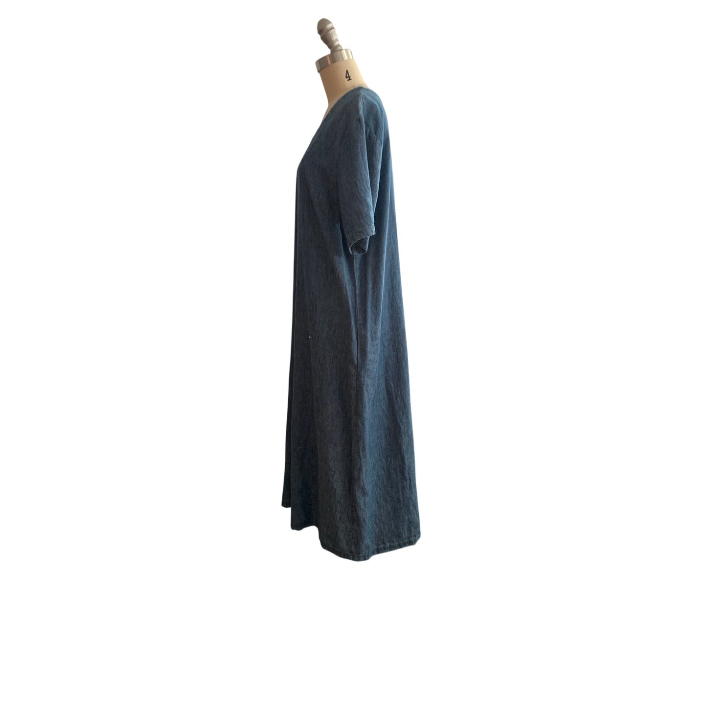 Liz Claiborne Size L Blue Chambray Linen Cotton Blend Maxi Dress Button Front V