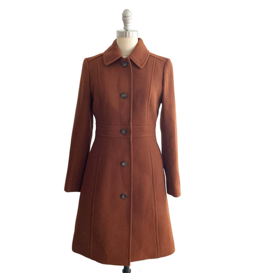 J Crew Lady Day Coat Redwood Size 2 Italian Wool Blend Thinsulate Lined Rust Brown