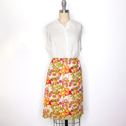J Jill Retro Multi Color Orange Pink Floral Eyelet Scalloped Hem Cotton Skirt L