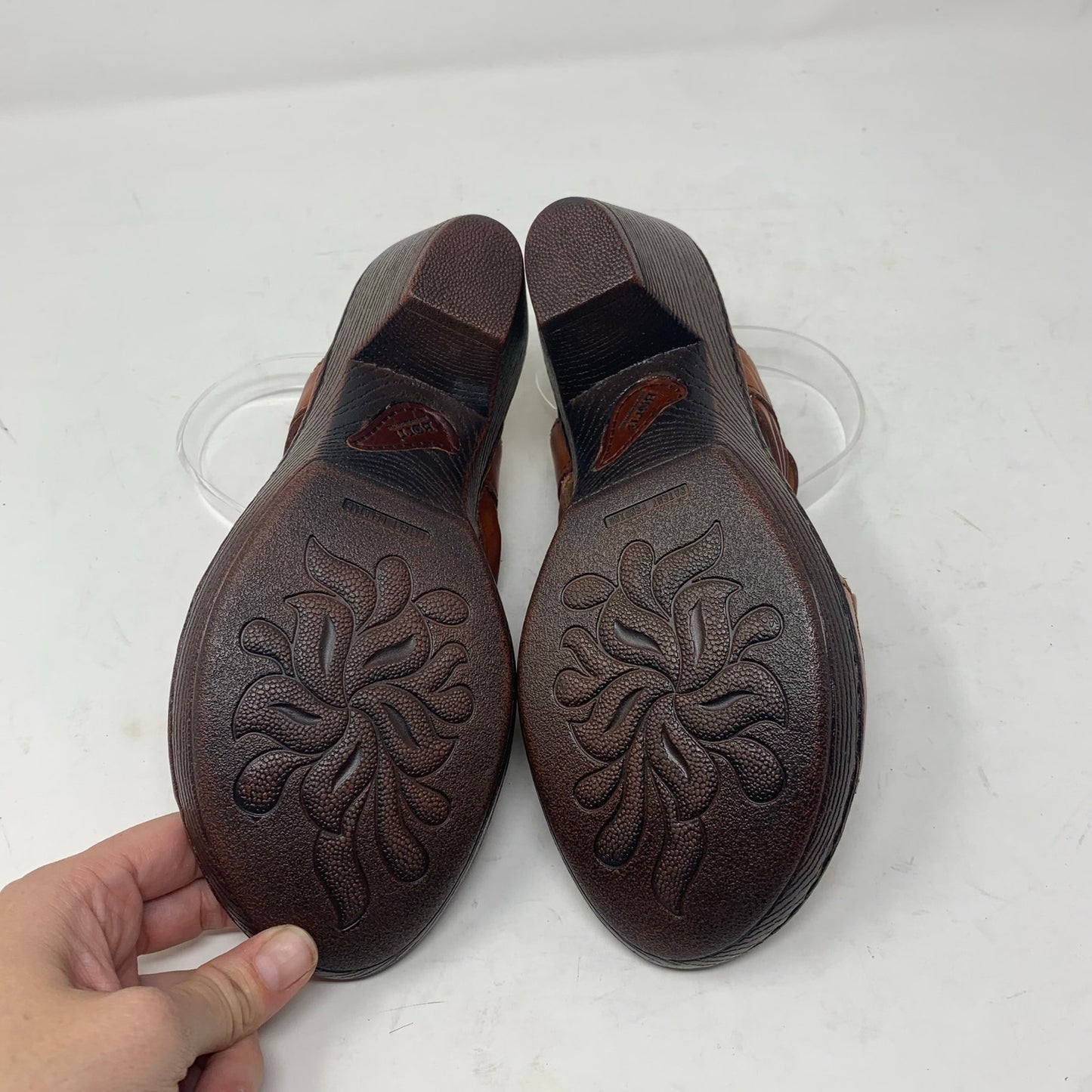 Born Valakas Size 9 Brown Leather Strappy Woven Sandals Slingback Mid Heel