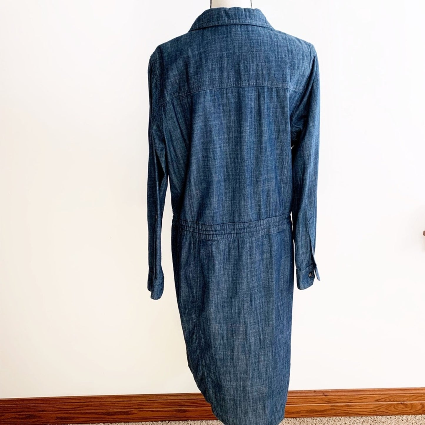 CJ Banks Blue Chambray 100% Cotton Shirtdress Button Drawstring Tab Sleeve 14 W