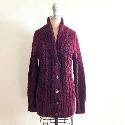 Eddie Bauer Size M Womens Plum Purple Shawl Collar Cardigan Cable Knit Lambswool