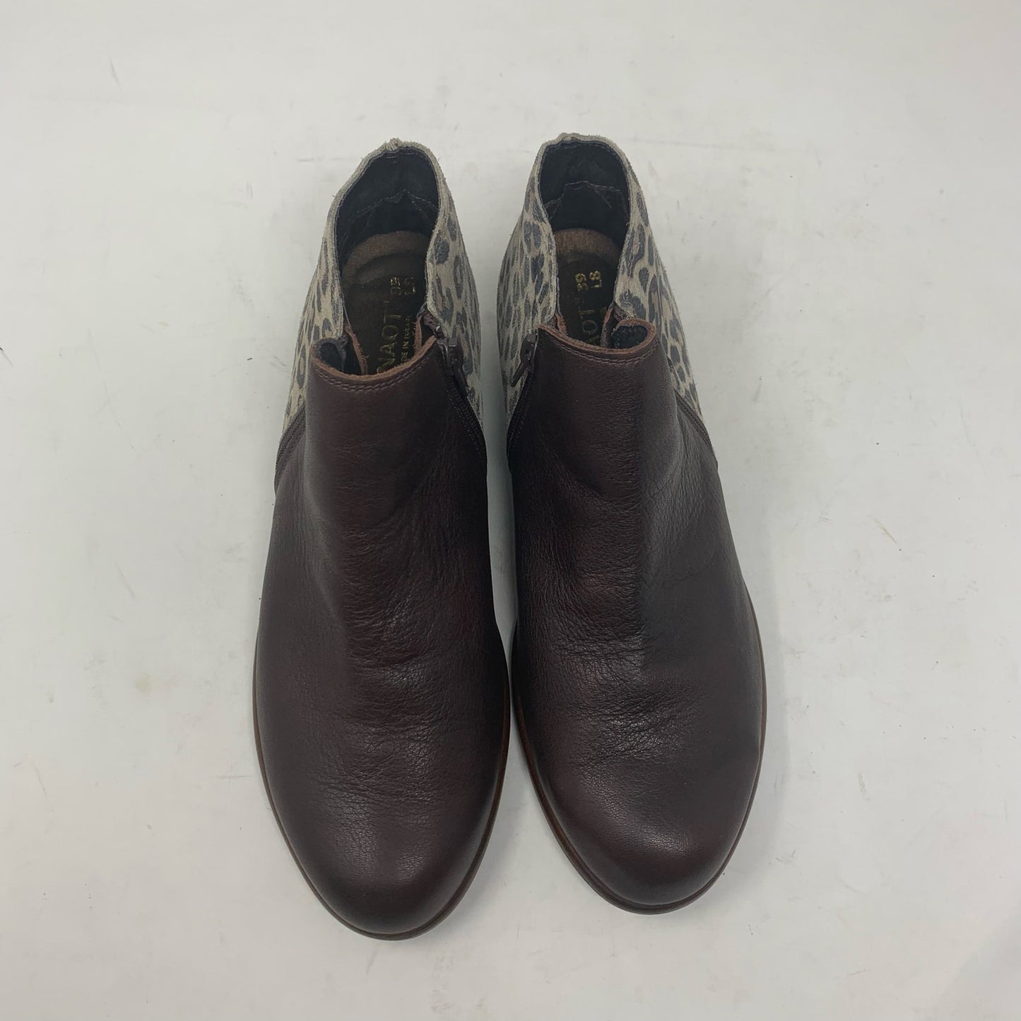 NAOT Helm Brown Leather Cheetah Animal Print Side Zip Ankle Boot Bootie Size 39