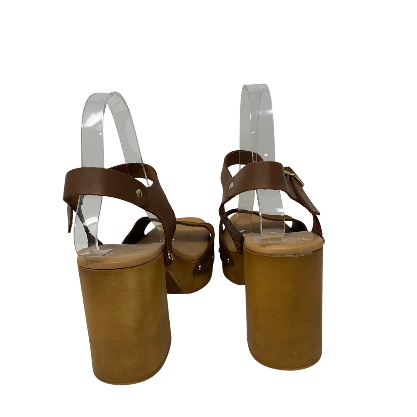 Made in Italy Brown Leather Platform Slingback Sandal Wood Chunky Heel Size 9