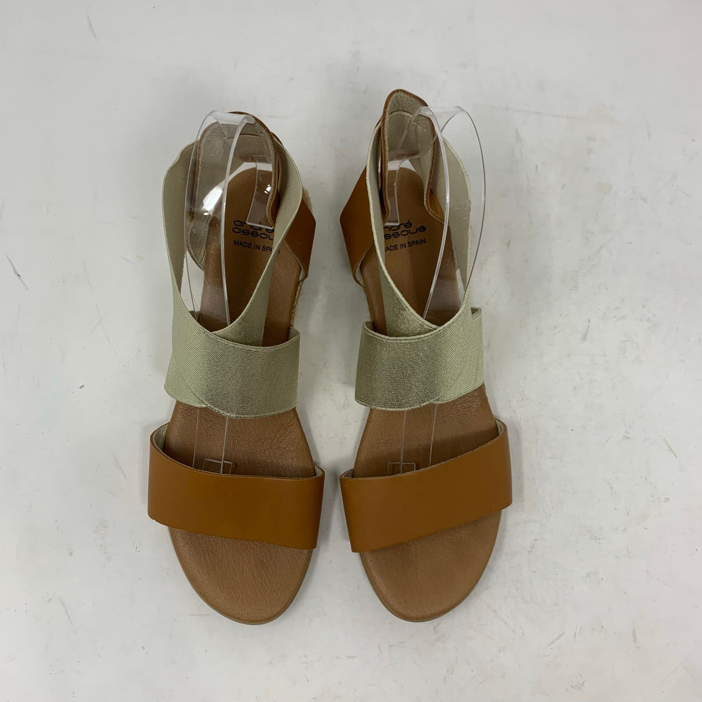 Andre Assous  Tan Leather Metallic Gold Wedge Espadrille Sandal Strappy Size 37