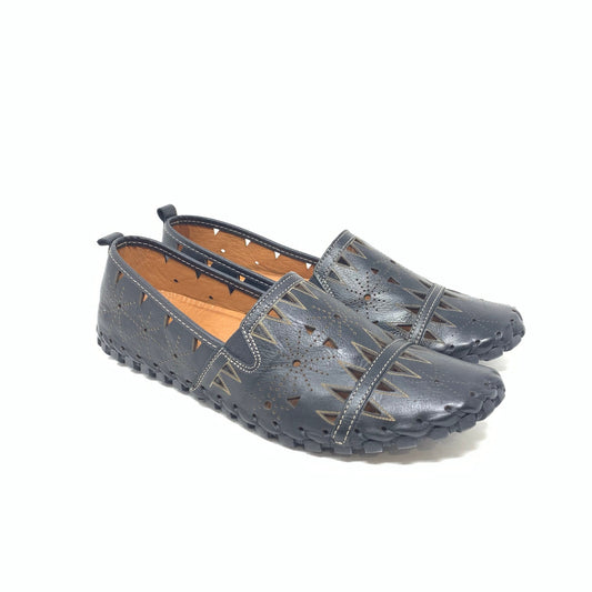 Spring Step Fusaro Flat Slip On Loafer Shoe Black Leather Laser Cutout Size 41