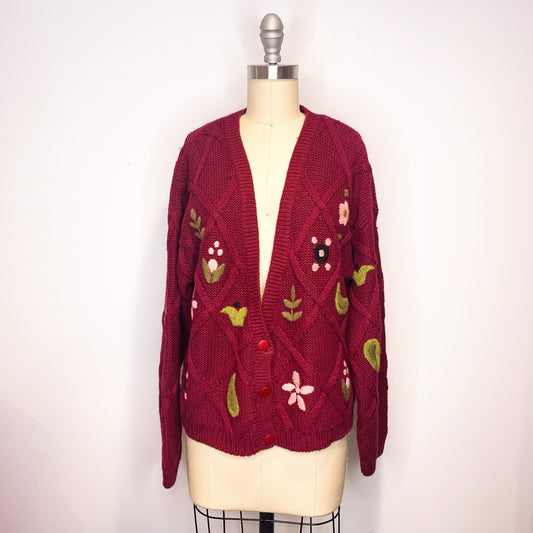 Vintage MIXIT Floral Embroidered Cardigan Burgundy Red Ramie Cotton Blend Size L