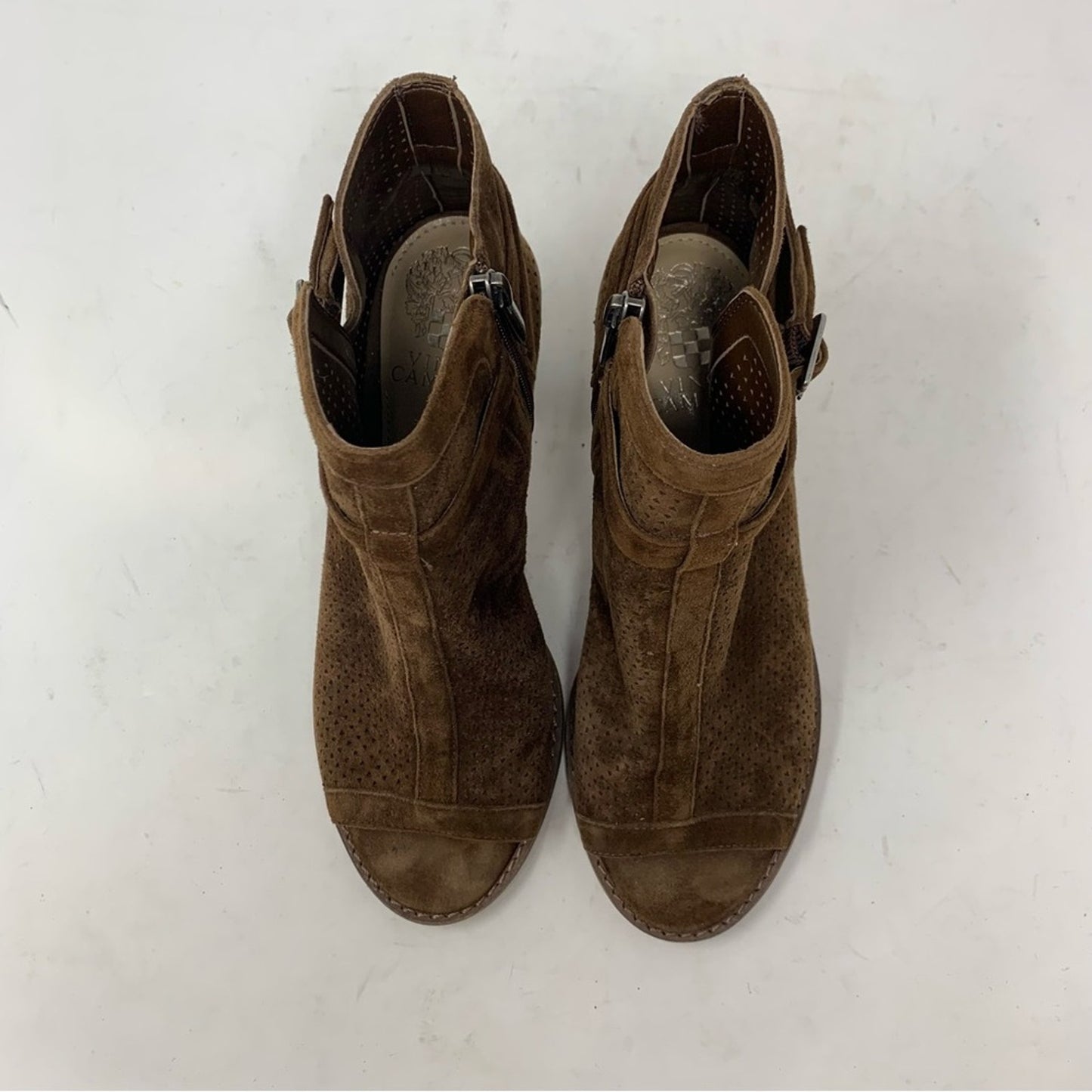 Vince Camuto Temira Ankle Boots Block Heel Peep Toe Brown Suede Leather Size 7
