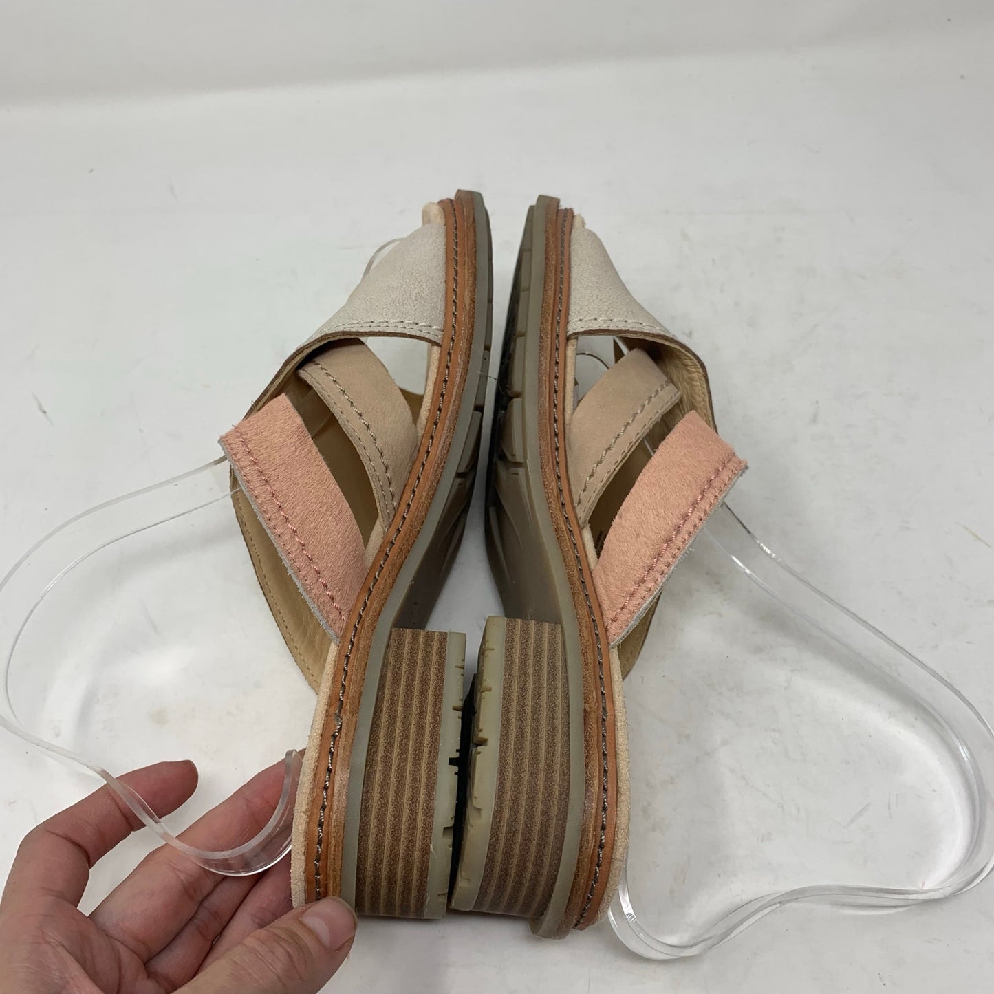 Clarks Trace Craft Taupe Pink Nubuck Leather Slides Slip On Sandals Shoes Size 8