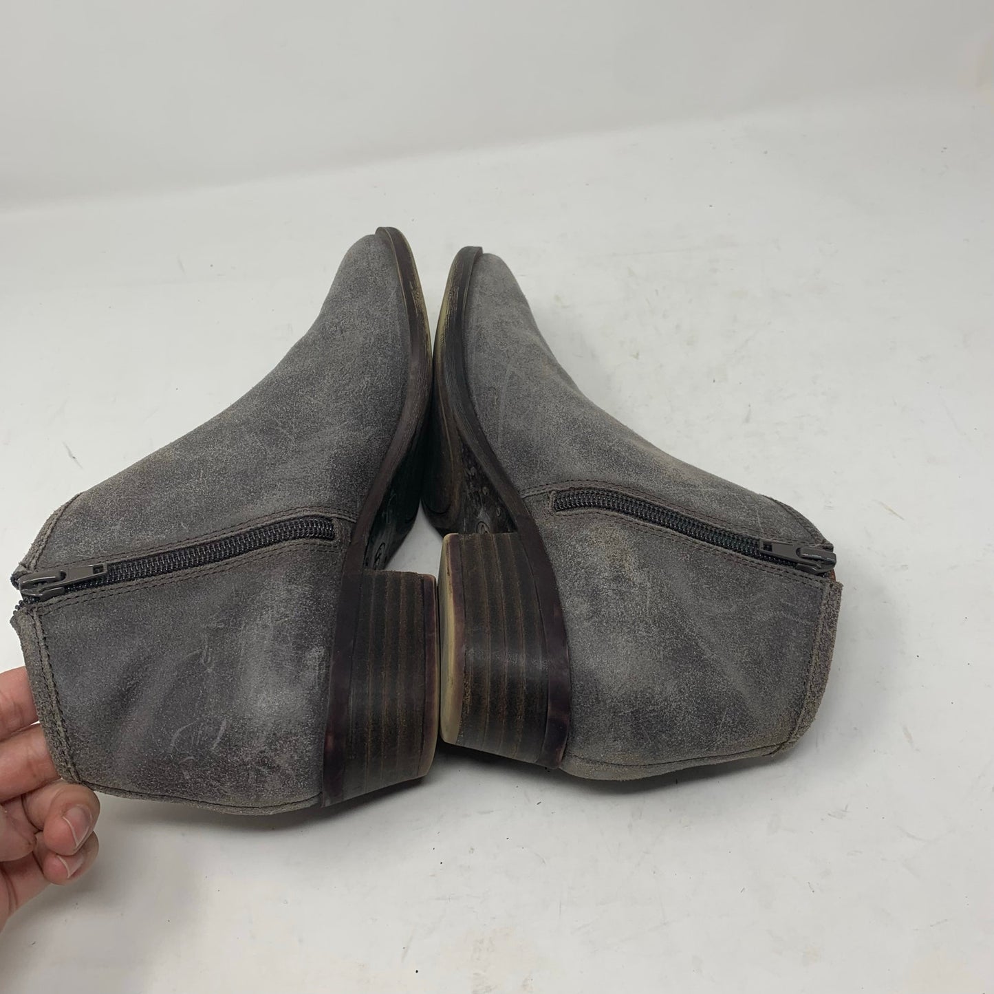 Lucky Brand Brekke Size 8 Grey Suede Ankle Boots Side Zip Asymmetrical Booties